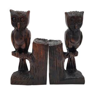 Vintage Mid Cenutry 1960's Carved Wood Owl Bookends from Spain